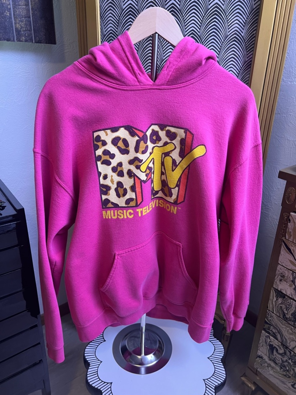 MTV Hot Pink Leopard Logo Pullover Hoodie